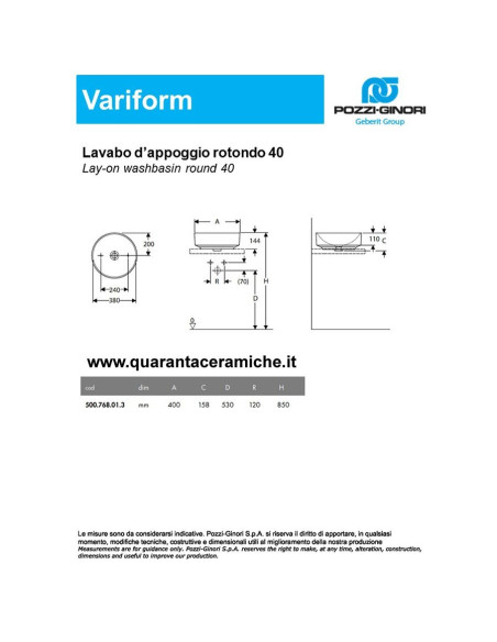 Flaminia Monò lavabo sospeso o da appoggio cm 64