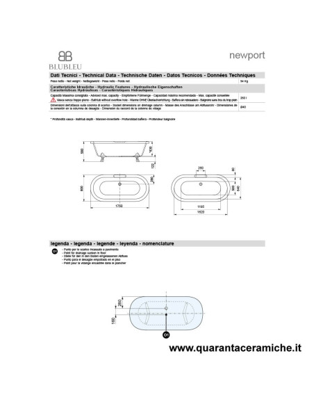 Kerasan Retrò vasca bianca 170x77 con piedi, colonna e sifone di scarico
