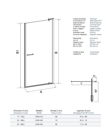 Porta doccia battente Nolan 70 cm cristallo trasparente 6mm altezza 185 cm