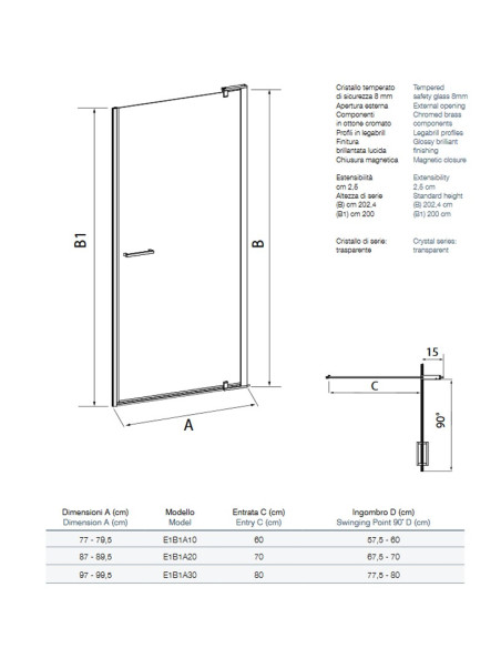 Porta doccia battente Nolan 70 cm cristallo trasparente 6mm altezza 185 cm