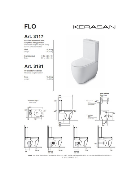 Vaso Monoblocco Kerasan Flo completo di cassetta, scarico e coprivaso