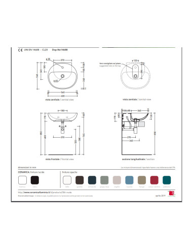 Flaminia Nuda 60 washbasin for support or suspended single hole