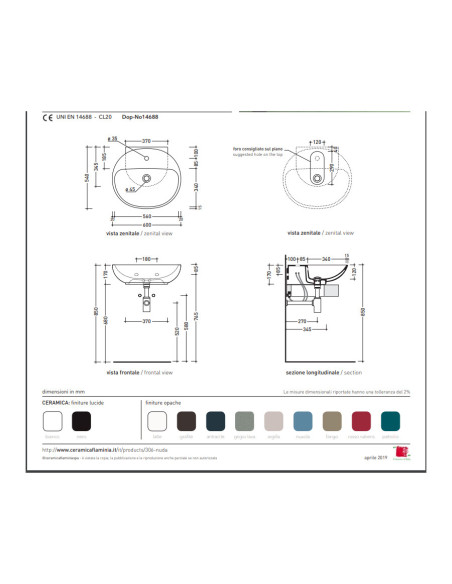 Flaminia Nuda 60 washbasin for support or suspended single hole