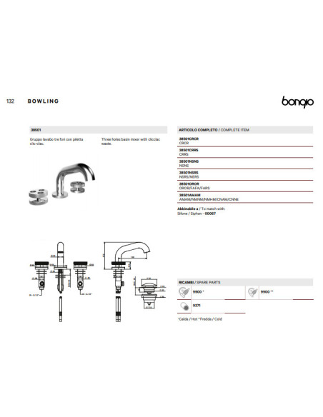 Bongio Faucet BOWLING Collection for three-hole washbasin