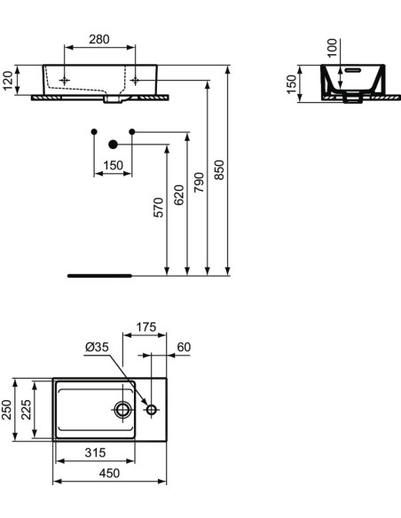 Ideal Standard Extra suspended hand basin 45x25 right version and left version