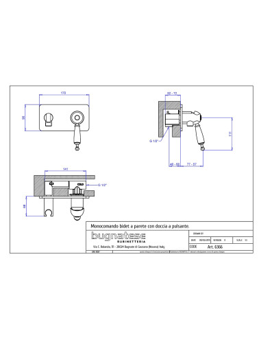 Bugnatese Oxford Single lever wall bidet with push-button shower