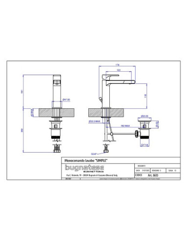 Bugnatese Simple Single lever washbasin automatic drain