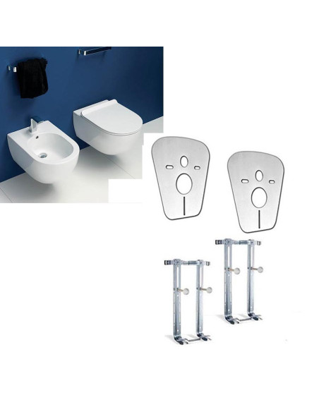 Flaminia App wall-hung sanitary ware, Goclean toilet, bidet, slim soft close seat, anti-noise membranes and fixing brackets