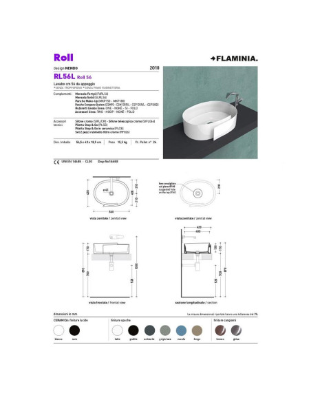 Flaminia Roll Counter Top Basin RL56L | Quaranta Ceramiche