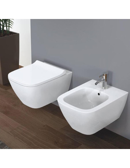 Geberit Smyle Square wall hung sanitary ware. Rimfree WC, bidet and soft seat cover