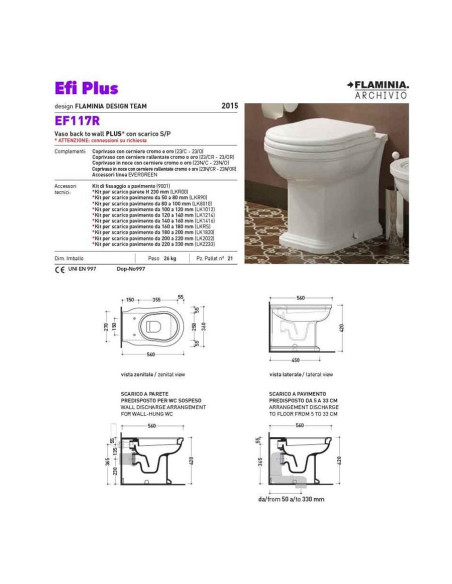 Flaminia Efi Plus wall wire sanitary ware bidet vase and slowed pot cover