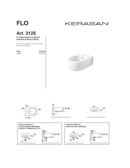 Kerasan Flo 50 Wall Hung Toilet, Bidet, seat 3115 - 3125 | Quaranta Ceramiche