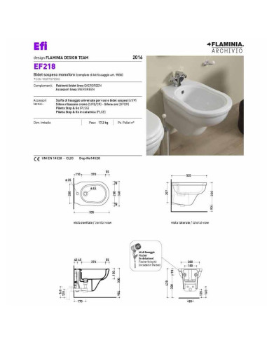 Flaminia Wall Hung Toilet, Bidet and seat EFI118 | Quaranta Ceramiche Srl