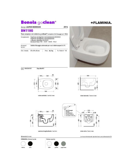 Flaminia Bonola Wall Hung Toilet, Bidet, soft close seat | Quaranta Ceramiche