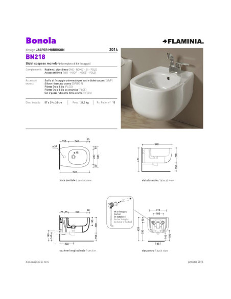 Flaminia Bonola bidet suspended monoforo glossy white