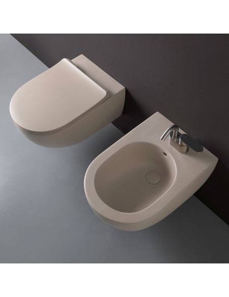 Flaminai App Wall Hung CLAY toilet, bidet, seat | Quaranta Ceramiche