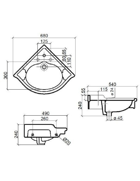 Sbordoni Palladio Corner wall-hung washbasin 54 cm
