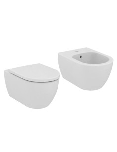 Ideal Standard Ellisse Rimless wall-hung toilet, bidet and wraparound soft close toilet seat