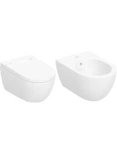 Geberi Alba wall-hung toilet with AquaClean toilet, Acanto bidet, and soft-close seat