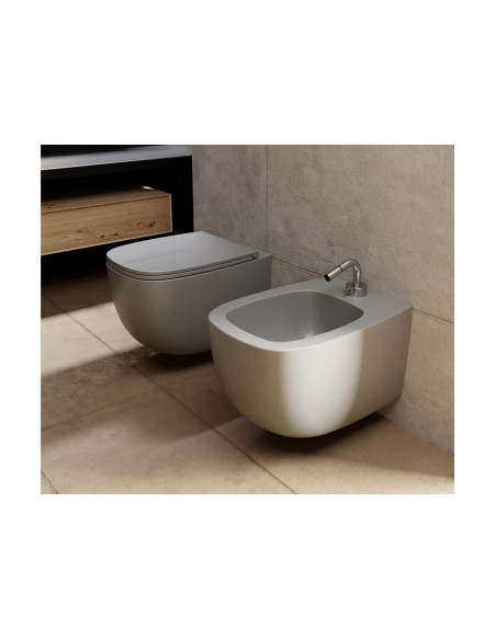 Galassia Lola series wall-hung sanitary ware in MATT WHITE, including toilet, bidet, and soft-close seat and back