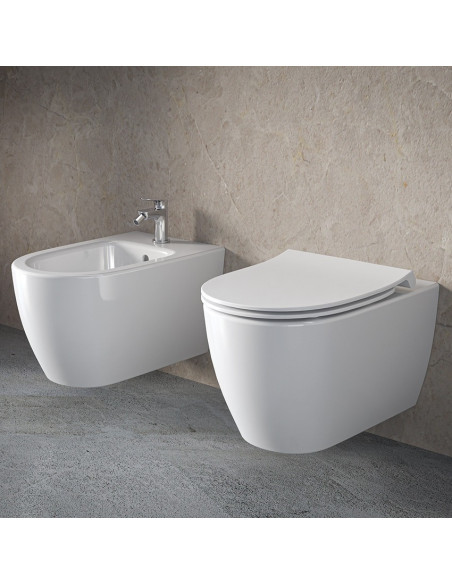 Ideal Standard I.LIFE O Wall-Hung Sanitary Ware with Hydrotwist toilet, bidet, and soft-closing seat