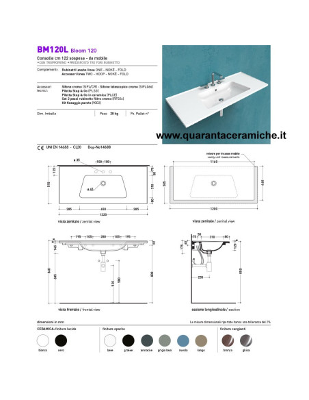 Ceramica Flaminia Bloom lavabo a consolle sospeso cm 107 colorato