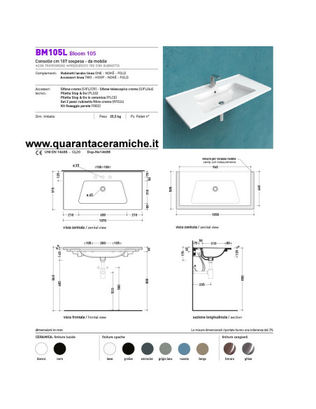Ceramica Flaminia Bloom lavabo a consolle sospeso cm 107 bianco