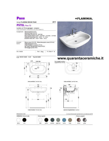 Flaminia Pass lavabo sospeso o da appoggio cm 72
