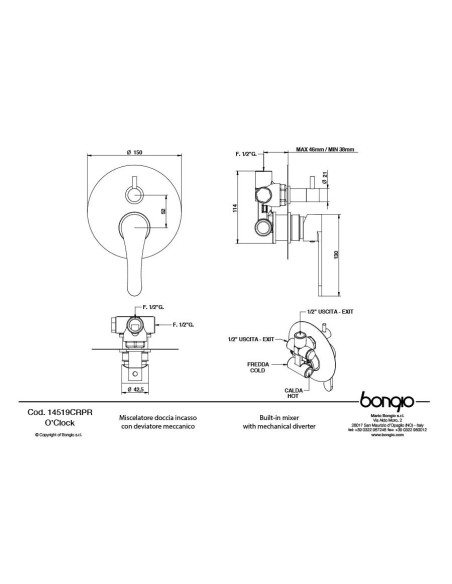 Bongio O' Clock miscelatore lavabo, bidet, doccia incasso con deviatore e soffione con doccetta